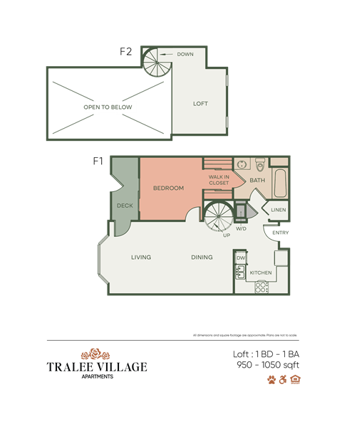 Floor plan for 1 bed, 1 bath, 938 sqft
